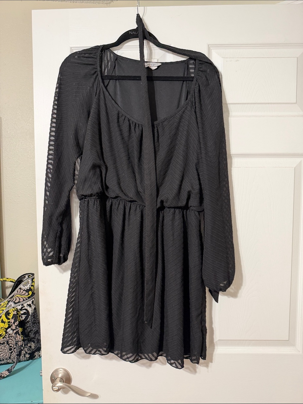 Black Long-Sleeve Tie-Neck Women's Dress